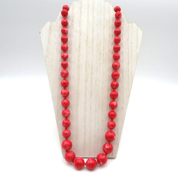 Vintage Red Marbled Bead Necklace Gold Tone Clasp Statement Chunky Jewelry 30" - Picture 2 of 6